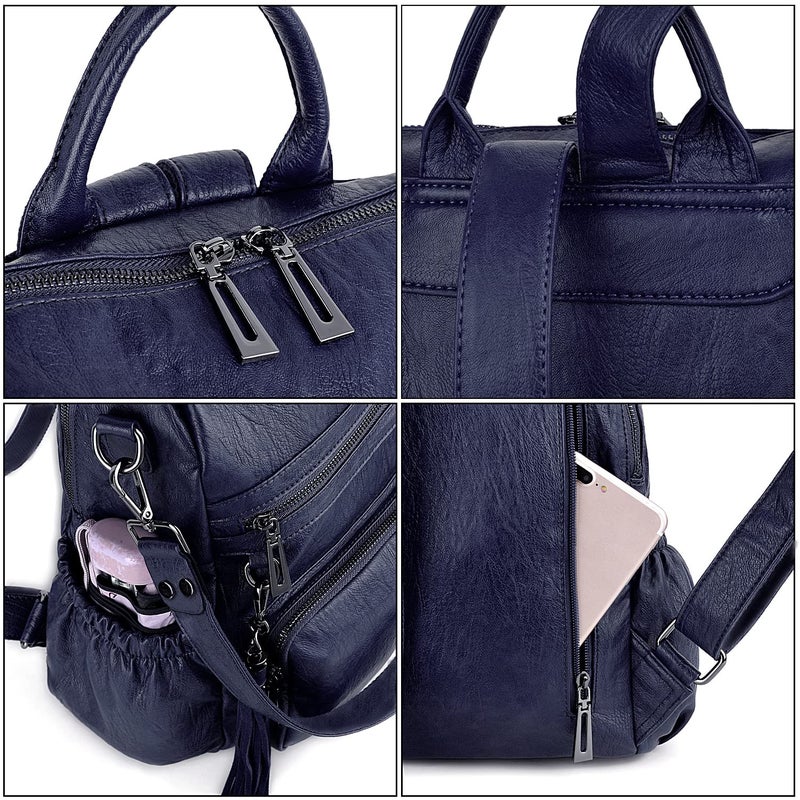 UTO حقيبة ظهر نسائية من UTO، جلد نباتي، حقيبة مصممة للأزياء، حقيبة سفر قابلة للتحويل مع حمالة كتف، باللون الأزرق مع زخرفة - Image 4